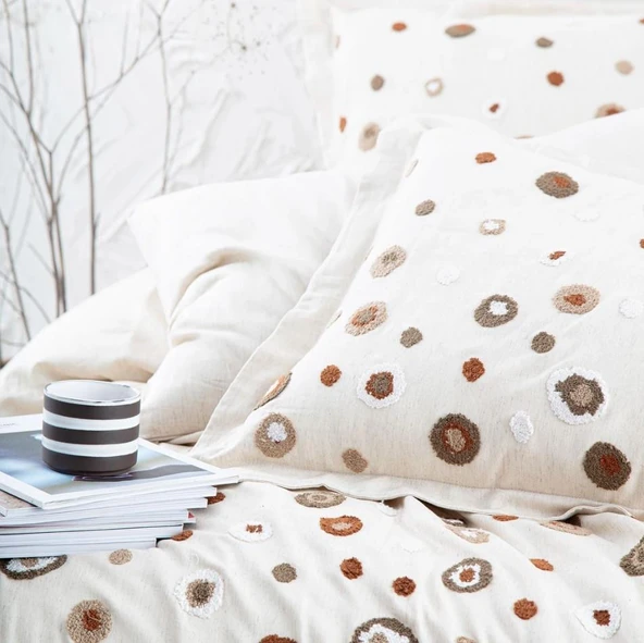Ecocotton Lal Bej Çift Kişilik %100 Organik Pamuk Nakışlı Nevresim Takımı Bej CK - Resim 2