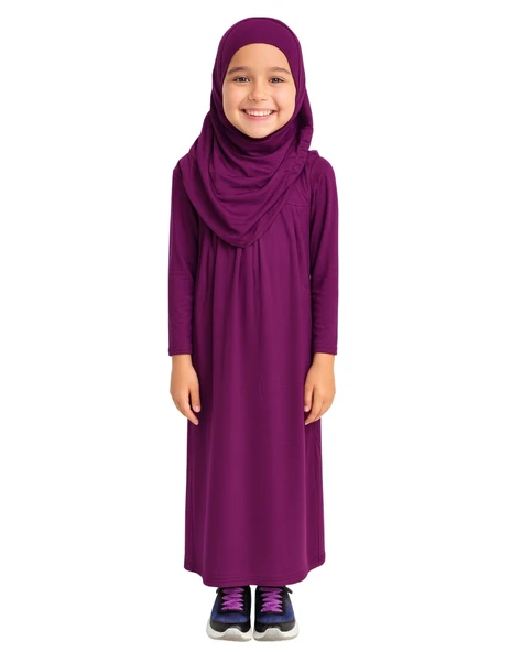 Penye Kendinden Başörtülü Çocuk Namaz Elbisesi Mor/ 6-7-8 yaş - 1