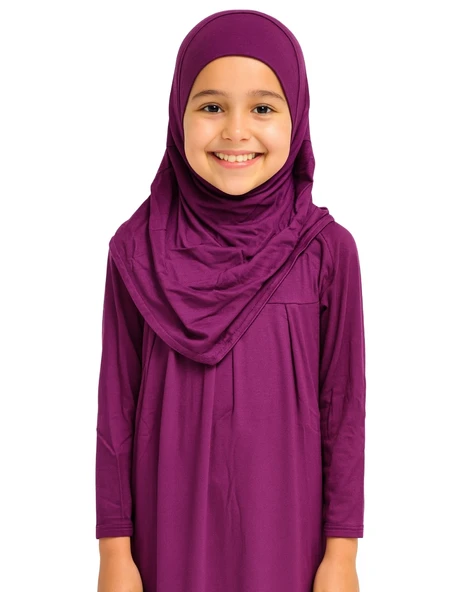 Penye Kendinden Başörtülü Çocuk Namaz Elbisesi Mor/ 6-7-8 yaş - 3