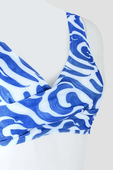 Lacivert Beyaz Önü Burgulu Sırttan Bağlamalı Tek Üst Bikini - Resim 2
