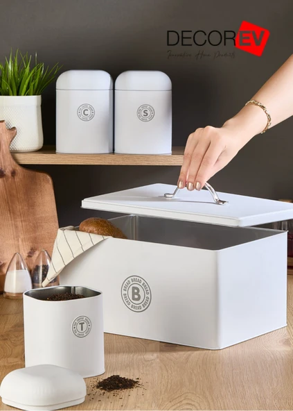 DECOREV EKMEK SAKLAMA KABI VE   3LÜ BAHARATLIK SETİ BEYAZ ürün görseli