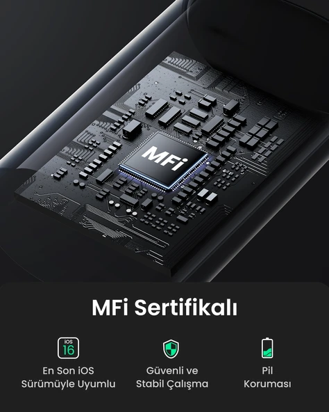 UGREEN USB-C - Lightning 3A PD MFi Sertifikalı Hızlı Şarj Kablosu, 2 m, Siyah, 60752 - 5