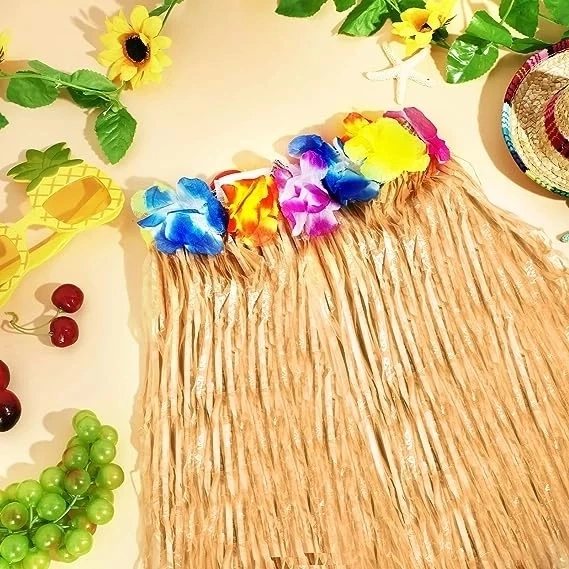Yetişkin Ve Çocuk Uyumlu Saman Renk Hawaii Luau Hula Etek 40 Cm 12 Adet - 2