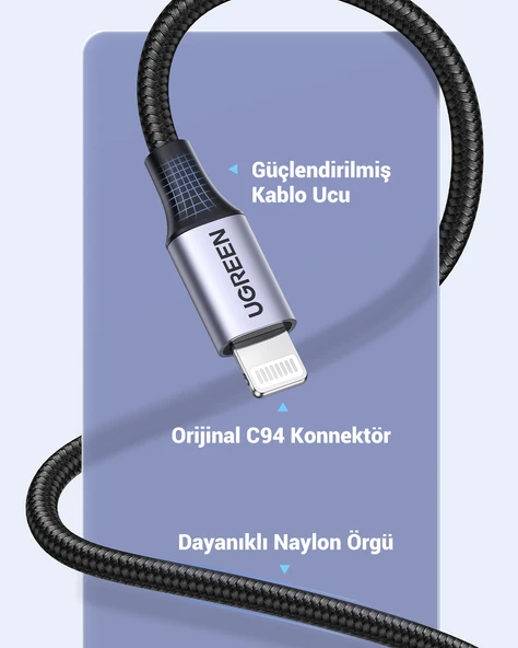 UGREEN Lightning - USB-A Örgülü MFi Sertifikalı İphone Hızlı Şarj Kablosu, 1 m, Siyah, 60156 - 6