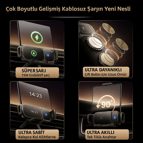 15W Araç İçi Kablosuz Şarj Cihazı ve Telefon Tutucu  90 Döner Katlanabilir Telefonlara Uyumlu - 3