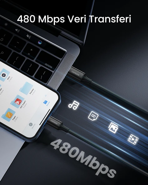 UGREEN USB-C - Lightning 3A PD MFi Sertifikalı Hızlı Şarj Kablosu, 2 m, Siyah, 60752 - 4