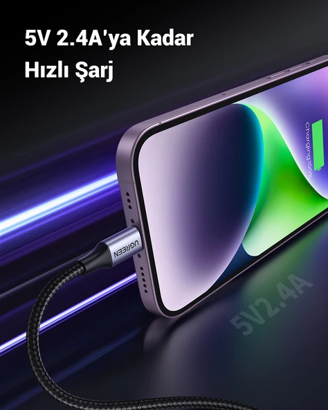 UGREEN Lightning - USB-A Örgülü MFi Sertifikalı İphone Hızlı Şarj Kablosu, 1 m, Siyah, 60156 - 3