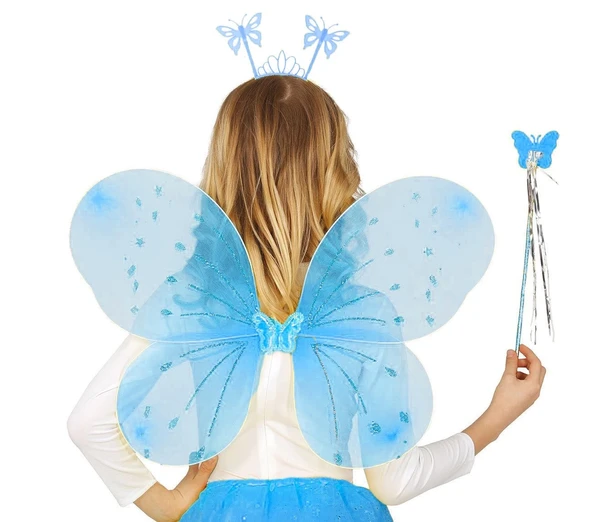 Mavi Kelebek Erkek-kız Seti – 50 Cm Kelebek Kanadı, Taç Ve Asa ürün görseli