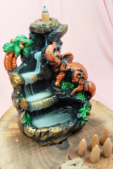 Buyuk Boy Fil Figürlü Biblo Model Geri Akış Şelale Tütsülük 5 Adet Koni Hediye - 2