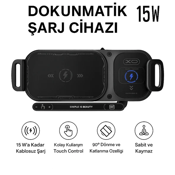 15W Araç İçi Kablosuz Şarj Cihazı ve Telefon Tutucu  90 Döner Katlanabilir Telefonlara Uyumlu