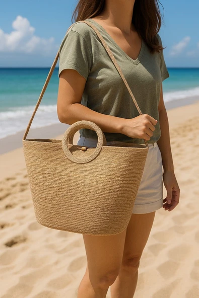 Doğal Hasır Düğmeli Bej Şeritli El Yapımı Plaj Çantası ürün görseli