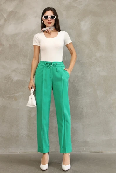 Bağlama Detaylı Beli Lastikli Kumaş Pantolon 6171-Yeşil - Resim 3