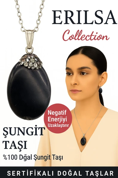 Sertifikalı Zirkon Taşlı Şungit Doğal Taş Kolye – Negatif Enerji Koruma Denge ve Şifa Taşı ürün görseli