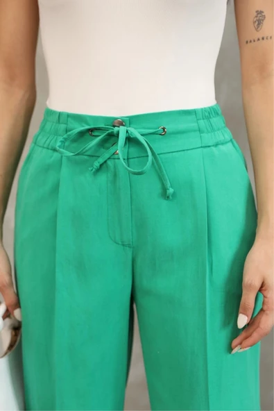 Bağlama Detaylı Beli Lastikli Kumaş Pantolon 6171-Yeşil - Resim 6