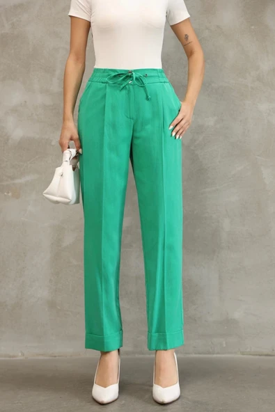 Bağlama Detaylı Beli Lastikli Kumaş Pantolon 6171-Yeşil - Resim 5