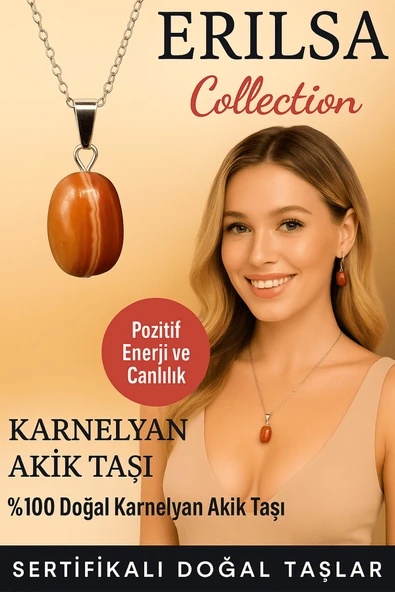 Sertifikalı Karnelyan Akik Doğal Taş Kolye – Pozitif Enerji Canlılık ve Özgüven Taşı ürün görseli