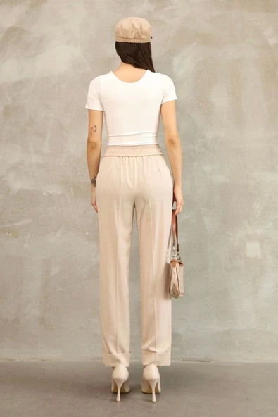 Bağlama Detaylı Beli Lastikli Kumaş Pantolon 6171-Vizon - Resim 7