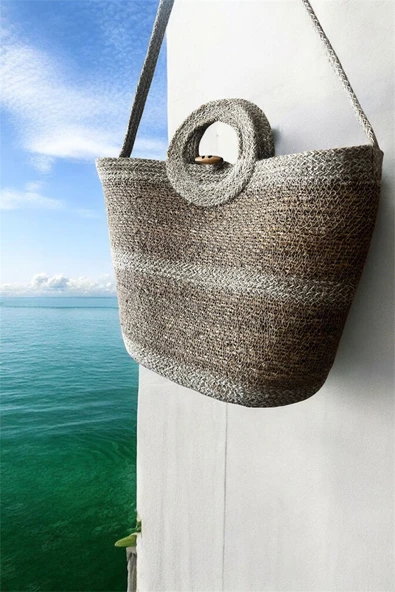 Doğal Hasır Düğmeli Krem Şeritli El Yapımı Plaj Çantası - Resim 3