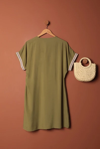 Viskon Kumaş Yakası Kolu Şerit Detaylı Elbise-Haki - Resim 2