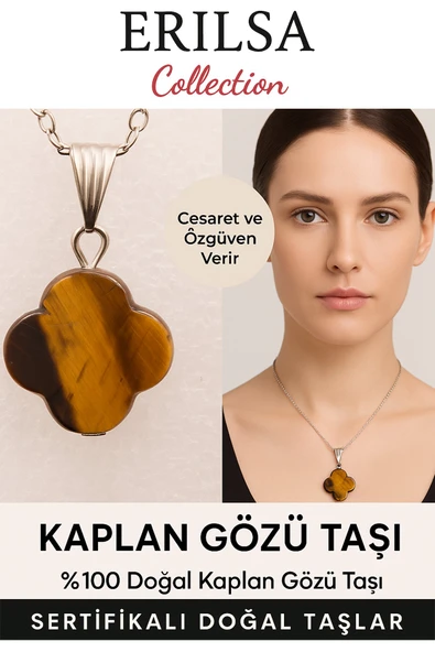 Sertifikalı Yonca Kesim Kaplan Gözü Doğal Taş Kolye – Cesaret Özgüven ve Başarı Taşı ürün görseli