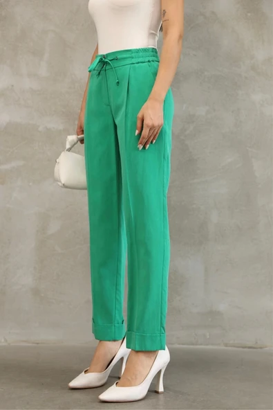 Bağlama Detaylı Beli Lastikli Kumaş Pantolon 6171-Yeşil - Resim 4