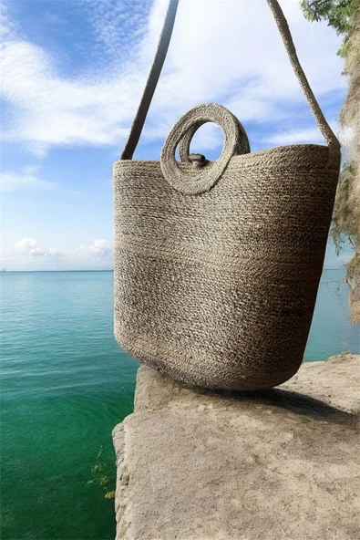 Doğal Hasır Düğmeli Bej Şeritli El Yapımı Plaj Çantası - Resim 3