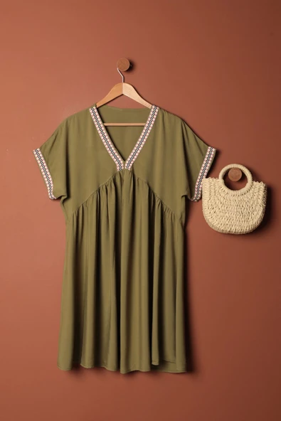 Viskon Kumaş Yakası Kolu Şerit Detaylı Elbise-Haki ürün görseli