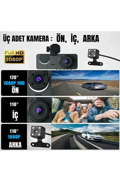 Üç Kameralı 1080 Full HD Araç İçi Kamera G-Sensor Özellikli Güvenlik Çözümü Geri Görüşlü - 3