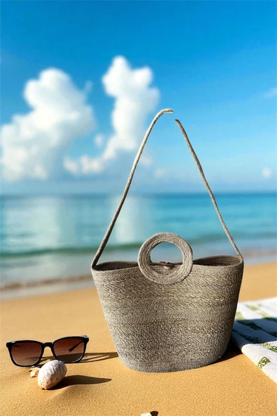 Doğal Hasır Düğmeli Bej Şeritli El Yapımı Plaj Çantası - Resim 2