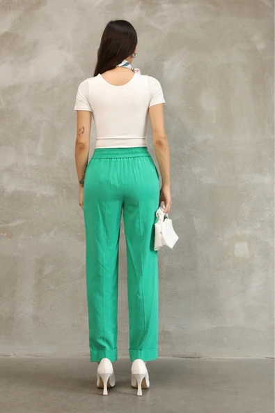 Bağlama Detaylı Beli Lastikli Kumaş Pantolon 6171-Yeşil - Resim 7