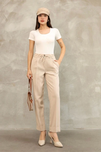 Bağlama Detaylı Beli Lastikli Kumaş Pantolon 6171-Vizon - Resim 2