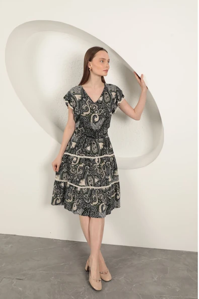 Viskon Etnik Desenli Elbise-Siyah ürün görseli