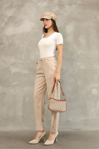 Bağlama Detaylı Beli Lastikli Kumaş Pantolon 6171-Vizon - Resim 4