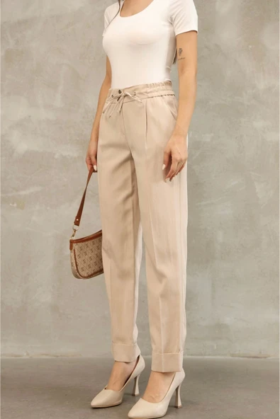 Bağlama Detaylı Beli Lastikli Kumaş Pantolon 6171-Vizon - Resim 5