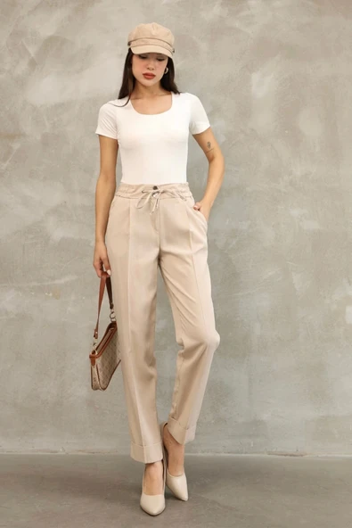 Bağlama Detaylı Beli Lastikli Kumaş Pantolon 6171-Vizon ürün görseli