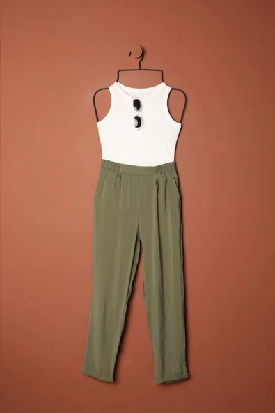 Modal Kumaş Duble Paça Kadın Pantolon-Haki ürün görseli