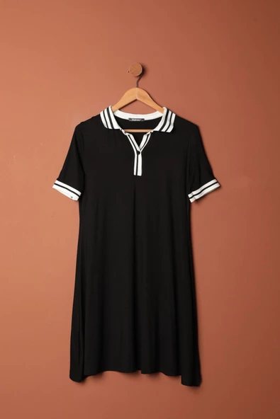 Süprem Kumaş Polo Yaka Elbise-Siyah ürün görseli