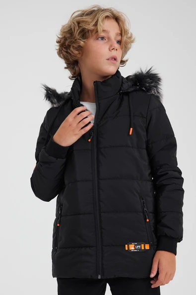 SİVAİST SİYAH ERKEK ÇOCUK SU VE RÜZGAR GEÇİRMEZ ÇIKARTILABİLİR KAPÜŞONLU YIKANABİLİR İÇİ KÜRKLÜ MONT & KABAN - Resim 2