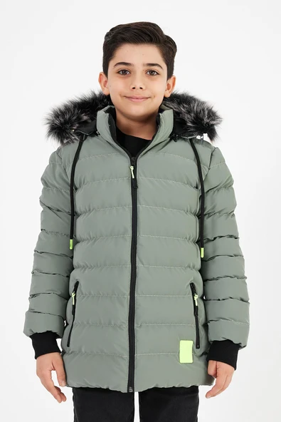 Açık Yeşil Erkek Çocuk Çıkartılabilir Kapüşonlu Şişme Deri Karışımlı Kumaş Mont&Kaban ürün görseli 1