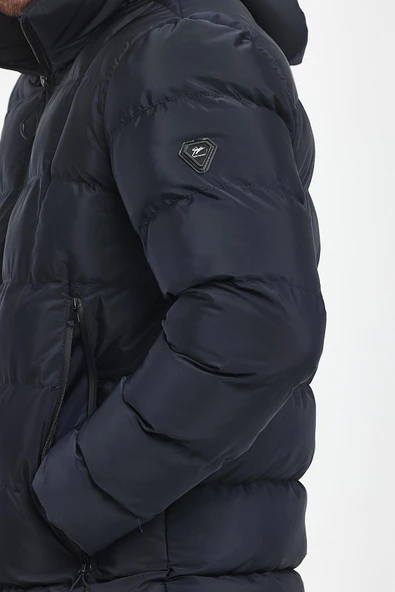 Erkek Lacivert Su Ve Rüzgar Geçirmez Sabit Kapüşonlu Pofuduk Yaka Kalın Içi Kürklü Şişme Mont&Kaban - Resim 5