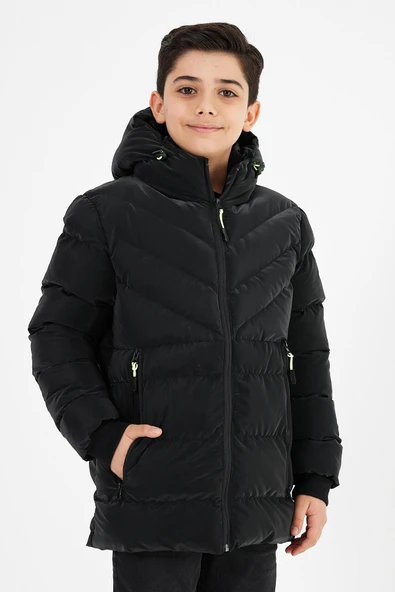 Siyah Erkek Çocuk Sabit Kapüşonlu Şişme Deri Karışımlı Kumaş Mont&Kaban - Resim 3