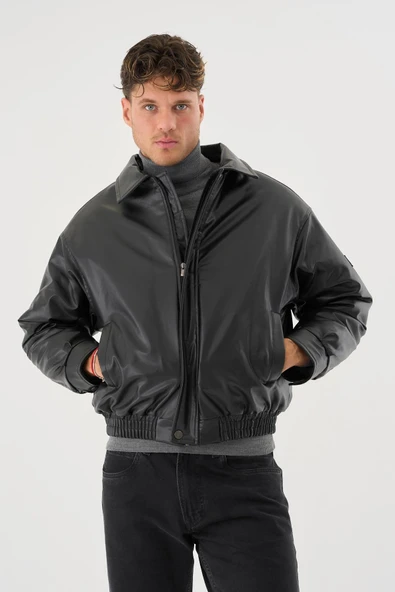 Erkek Siyah Deri Oversize Basic Mont&Ceket - Resim 3