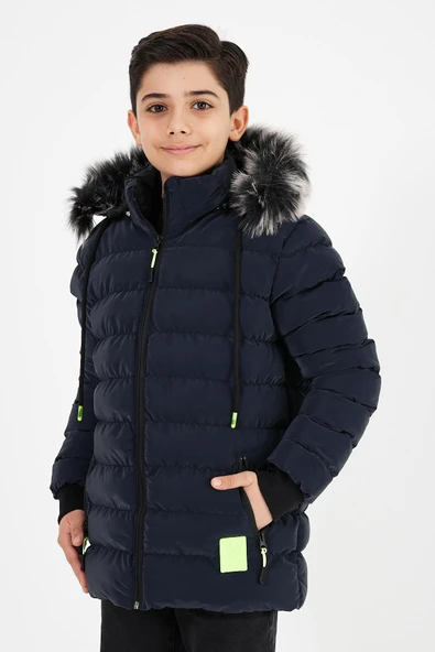 Lacivert Erkek Çocuk Çıkartılabilir Kapüşonlu Şişme Deri Karışımlı Kumaş Mont&Kaban - Resim 2