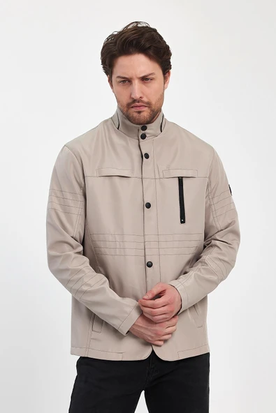 Erkek Açık Krem Regular Uzun Mevsimlik Pamuk Polyester Karışımlı Safari Mont&Ceket - Resim 4