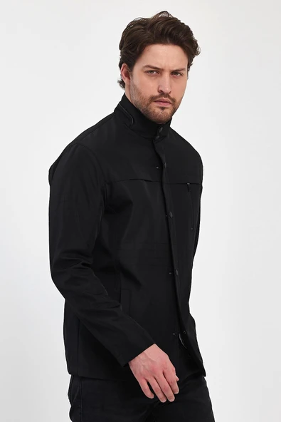 Erkek Siyah Regular Uzun Mevsimlik Pamuk Polyester Karışımlı Safari Mont&Ceket - Resim 2