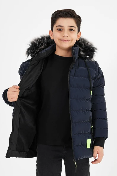 Lacivert Erkek Çocuk Çıkartılabilir Kapüşonlu Şişme Deri Karışımlı Kumaş Mont&Kaban - Resim 4