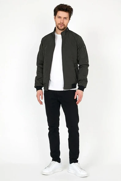 Yeni Sezon Erkek Yeşil Mevsimlik Triko Ve Deri Biye Detaylı Fermuarlı İç Cepli Mont&Ceket - Resim 3