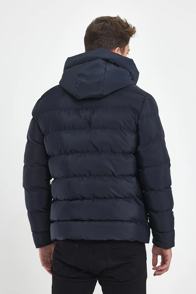 Erkek Lacivert Su Ve Rüzgar Geçirmez Sabit Kapüşonlu Pofuduk Yaka Kalın Içi Kürklü Şişme Mont&Kaban - Resim 6