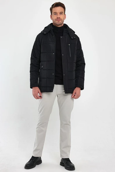 Erkek Siyah Standart Fit Normal Kesim Çıkmalı Kapüşon Dik Yaka Mont - Resim 3