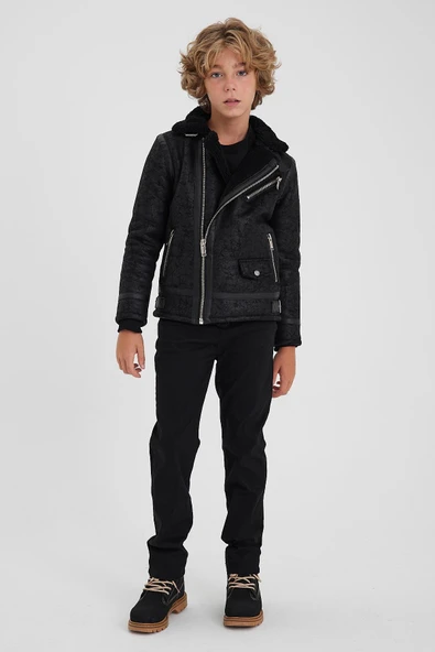 Erkek Çocuk Siyah Napa Deri İçi Kürklü Mont&Ceket - Resim 4